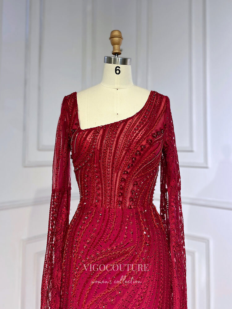 Prom Dress 2025 Burgundy Beaded Lace Prom Dresses Extra Long Sleeve Sheath Evening Gown 22091-unique elegant Prom Dresses-Burgundy-US2-vigocouture