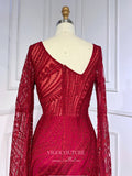 Prom Dress 2025 Burgundy Beaded Lace Prom Dresses Extra Long Sleeve Sheath Evening Gown 22091-unique elegant Prom Dresses-Burgundy-US2-vigocouture