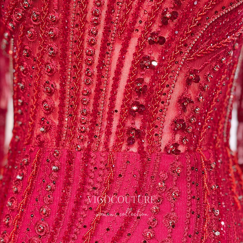 Prom Dress 2025 Burgundy Beaded Lace Prom Dresses Extra Long Sleeve Sheath Evening Gown 22091-unique elegant Prom Dresses-Burgundy-US2-vigocouture