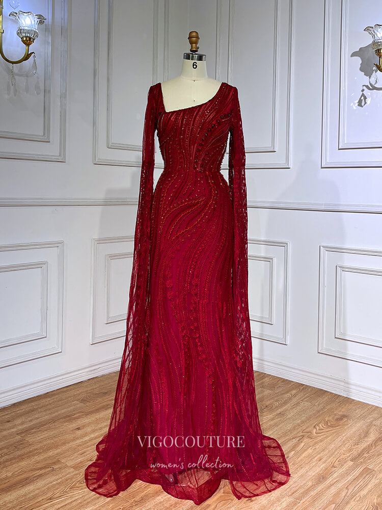 Prom Dress 2025 Burgundy Beaded Lace Prom Dresses Extra Long Sleeve Sheath Evening Gown 22091-unique elegant Prom Dresses-Burgundy-US2-vigocouture