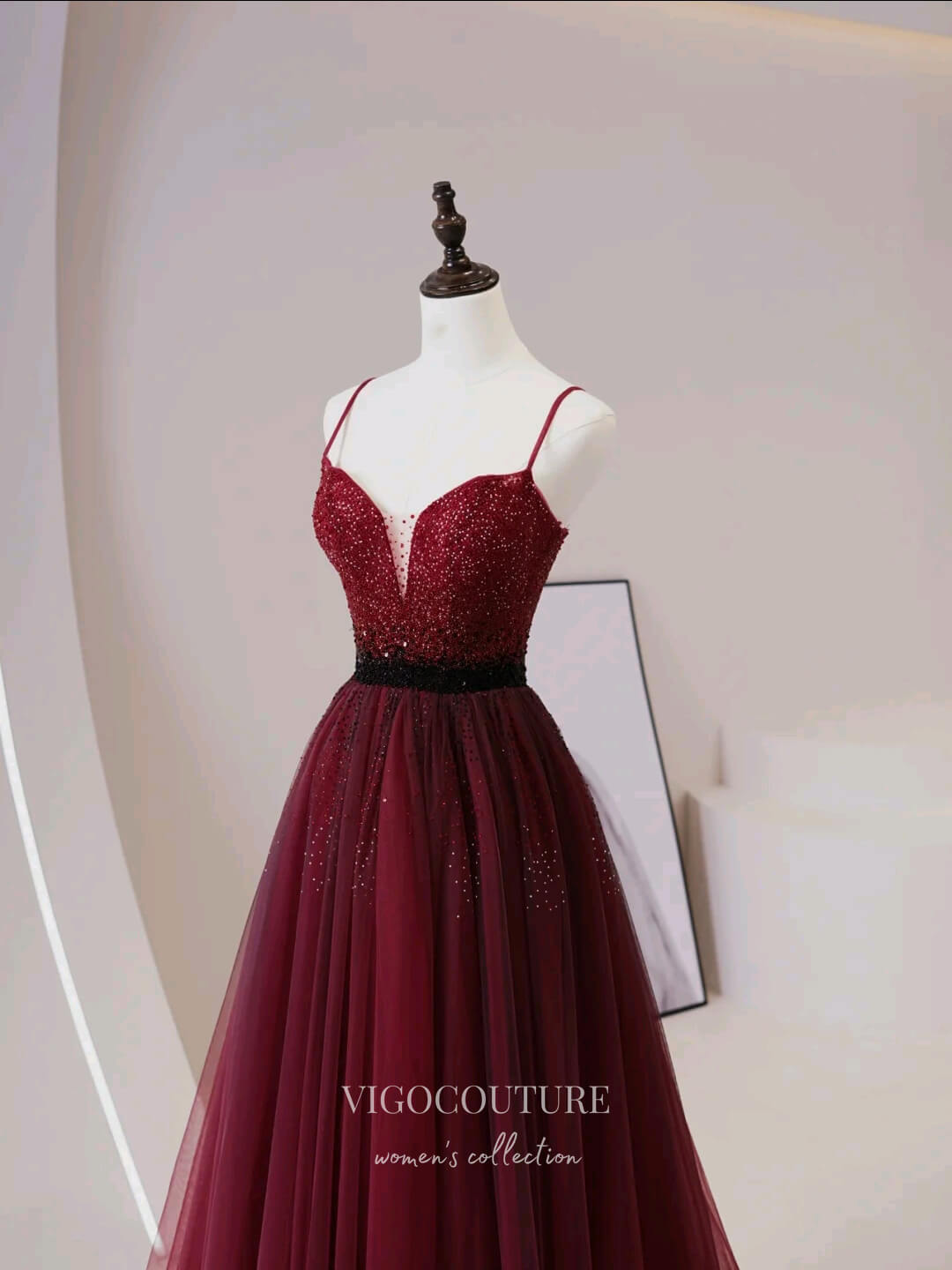 Prom Dress 2025 Burgundy Beaded Prom Dresses Spaghetti Strap Formal Dresses 21187-unique elegant Prom Dresses-Burgundy-Custom Size-vigocouture