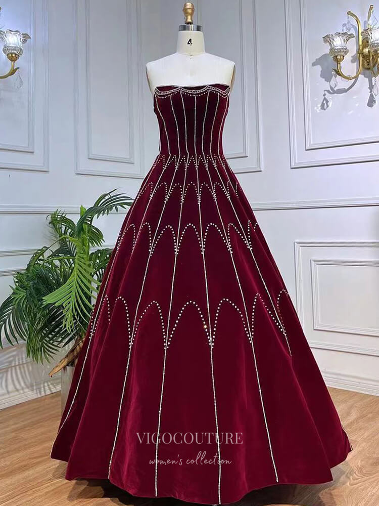 Prom Dress 2025 Burgundy Beaded Velvet Prom Dresses Detachable Sleeve Evening Dress 22107-unique elegant Prom Dresses-Burgundy-US2-vigocouture