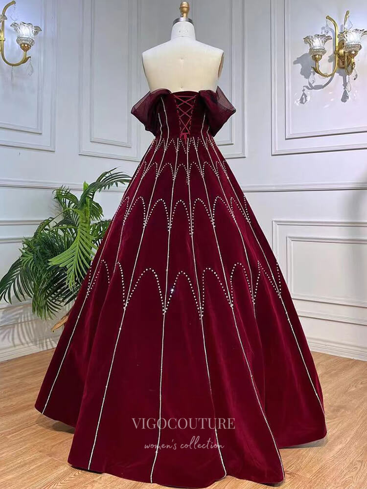 Prom Dress 2025 Burgundy Beaded Velvet Prom Dresses Detachable Sleeve Evening Dress 22107-unique elegant Prom Dresses-Burgundy-US2-vigocouture