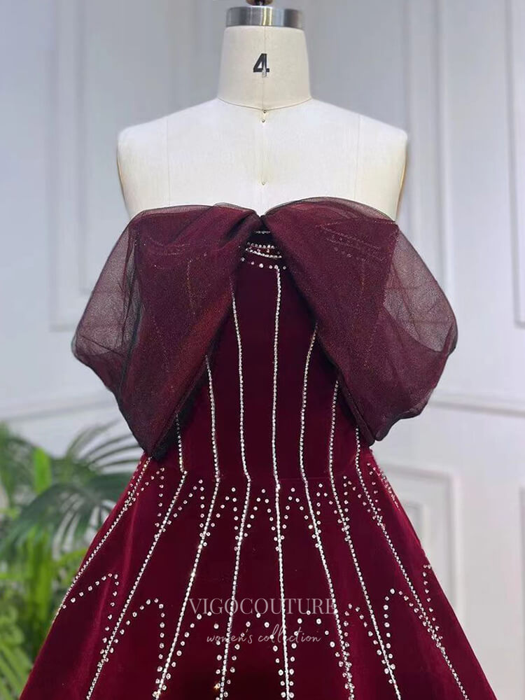 Burgundy Beaded Velvet Prom Dresses Detachable Sleeve Evening Dress 22 – vigocouture
