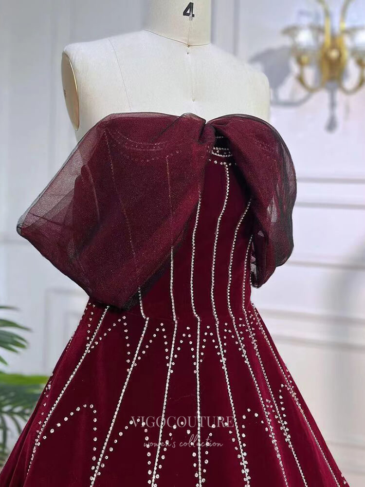 Prom Dress 2025 Burgundy Beaded Velvet Prom Dresses Detachable Sleeve Evening Dress 22107-unique elegant Prom Dresses-Burgundy-US2-vigocouture