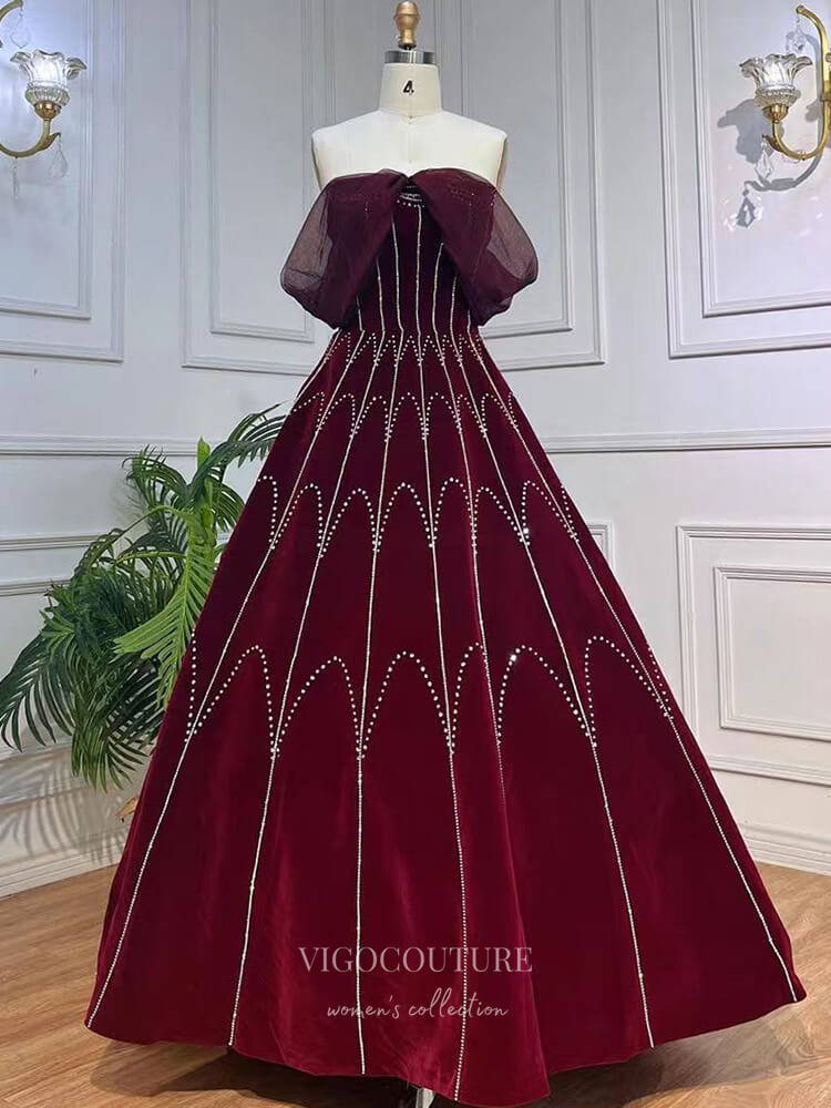 Prom Dress 2025 Burgundy Beaded Velvet Prom Dresses Detachable Sleeve Evening Dress 22107-unique elegant Prom Dresses-Burgundy-US2-vigocouture