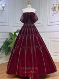 Burgundy Beaded Velvet Prom Dresses Detachable Sleeve Evening Dress 22107