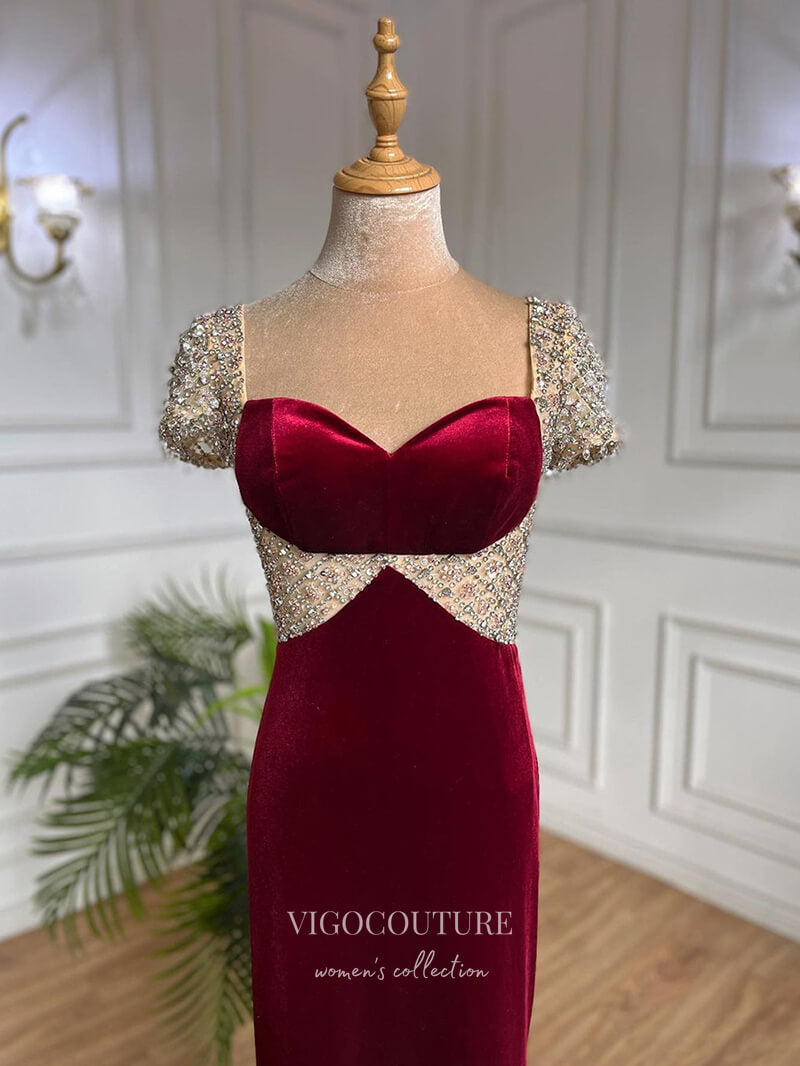 Prom Dress 2025 Burgundy Beaded Velvet Prom Dresses Sweetheart Neck Sheath Evening Dress 22093-unique elegant Prom Dresses-Burgundy-US2-vigocouture