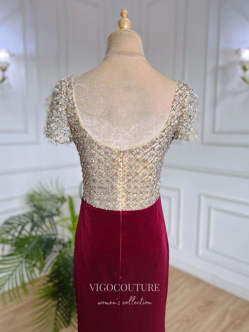 Prom Dress 2025 Burgundy Beaded Velvet Prom Dresses Sweetheart Neck Sheath Evening Dress 22093-unique elegant Prom Dresses-Burgundy-US2-vigocouture