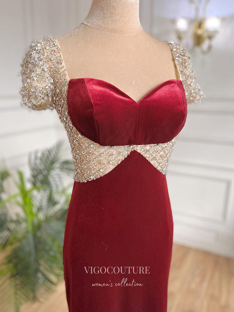 Prom Dress 2025 Burgundy Beaded Velvet Prom Dresses Sweetheart Neck Sheath Evening Dress 22093-unique elegant Prom Dresses-Burgundy-US2-vigocouture