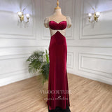 Burgundy Beaded Velvet Prom Dresses Sweetheart Neck Sheath Evening Dress 22093