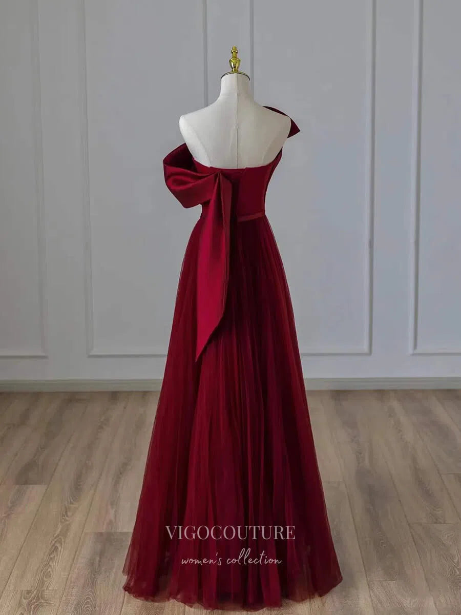 Prom Dress 2025 Burgundy Bow Prom Dresses Strapless Formal Dresses 21024-unique elegant Prom Dresses-Burgundy-Custom Size-vigocouture