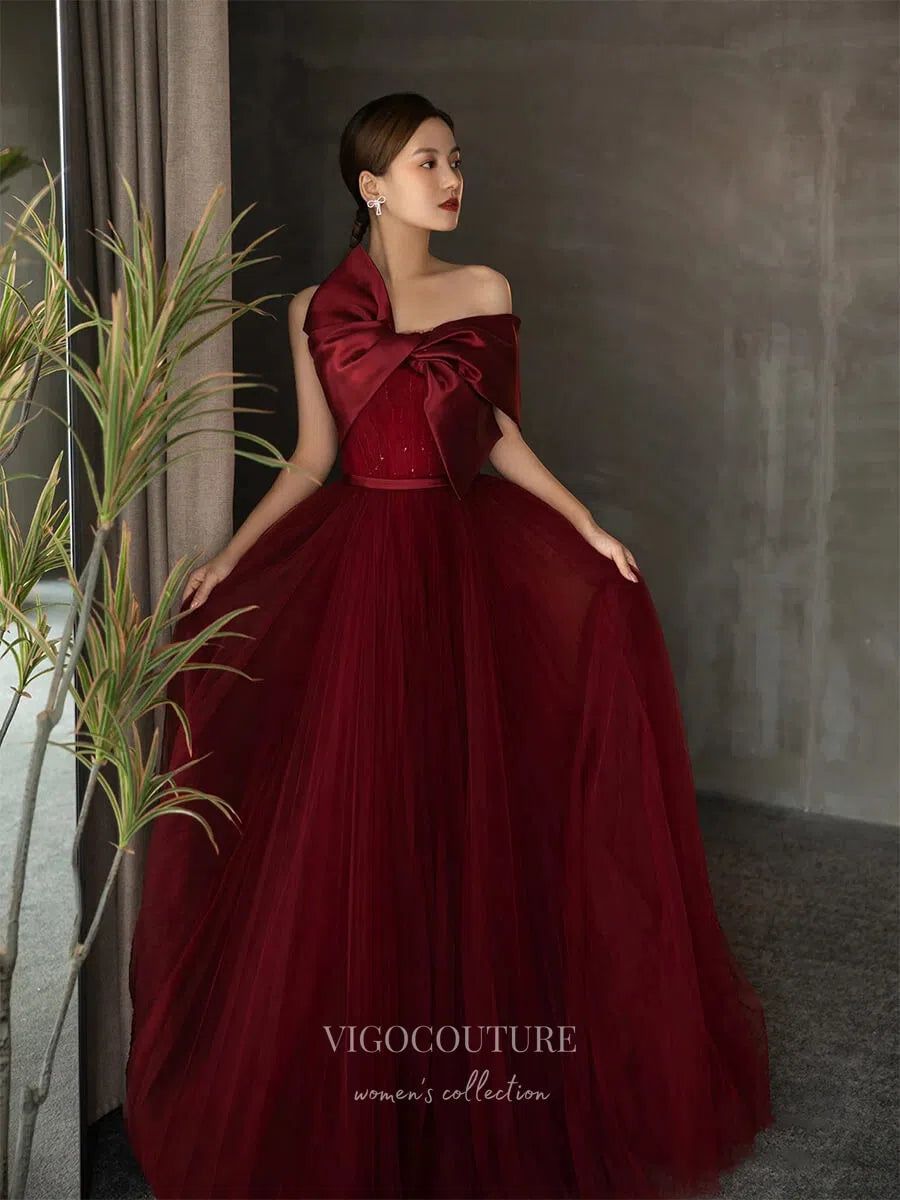 Prom Dress 2025 Burgundy Bow Prom Dresses Strapless Formal Dresses 21024-unique elegant Prom Dresses-Burgundy-Custom Size-vigocouture