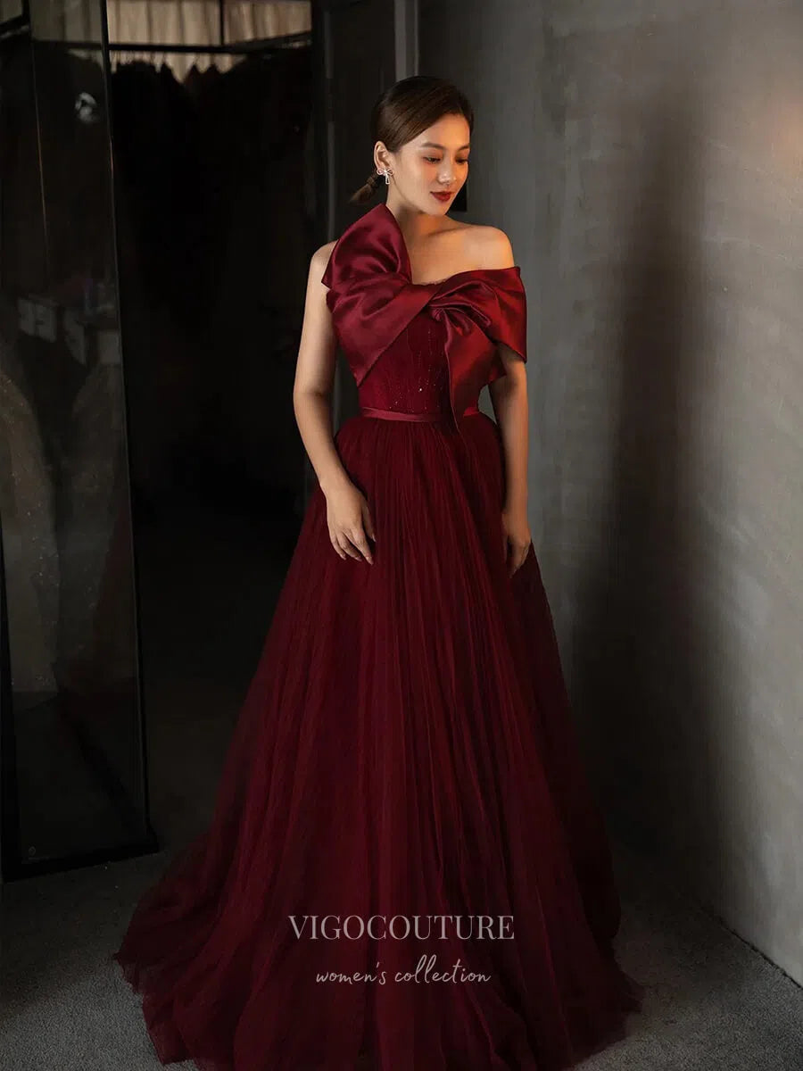 Prom Dress 2025 Burgundy Bow Prom Dresses Strapless Formal Dresses 21024-unique elegant Prom Dresses-Burgundy-Custom Size-vigocouture