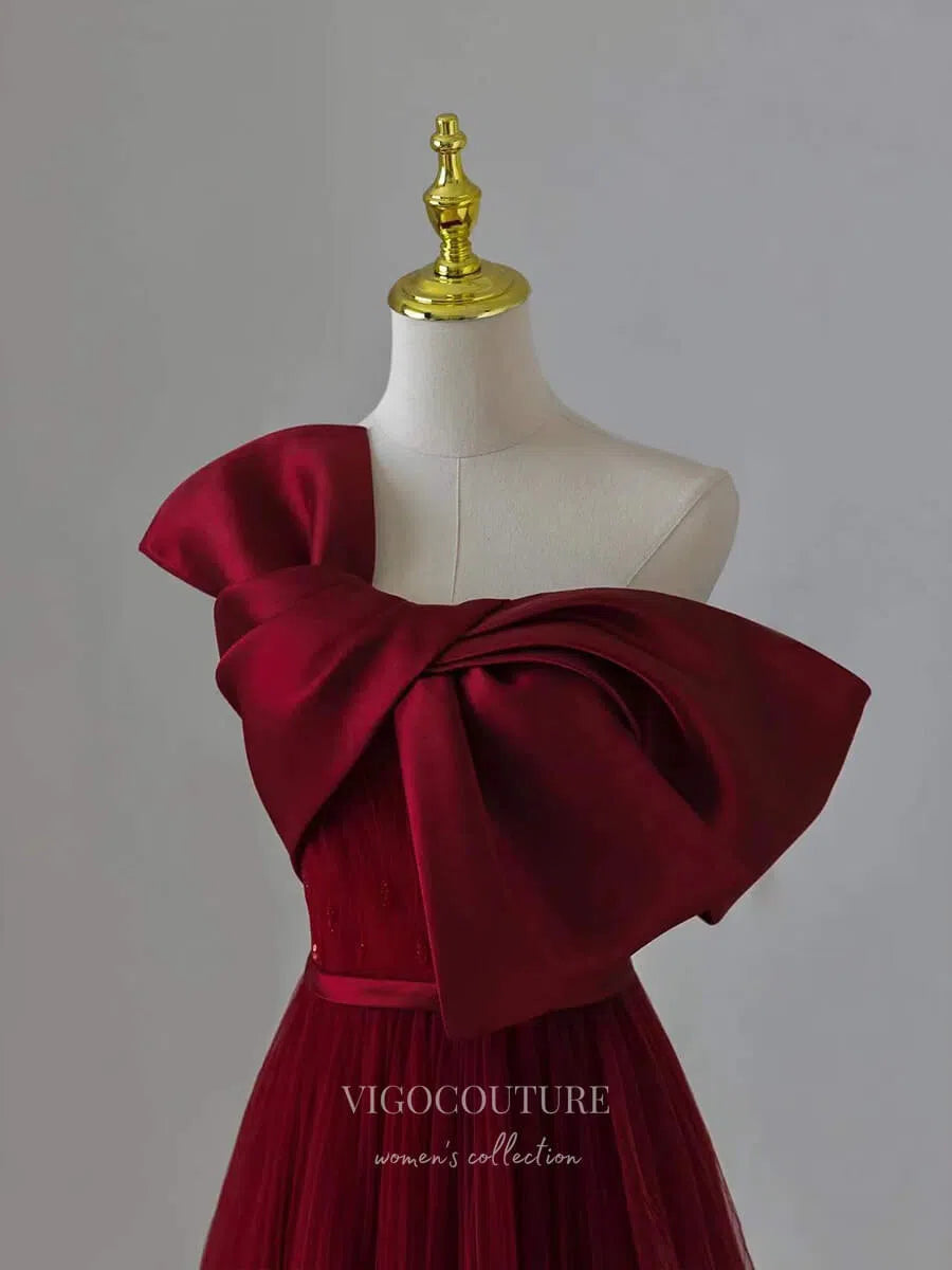 Prom Dress 2025 Burgundy Bow Prom Dresses Strapless Formal Dresses 21024-unique elegant Prom Dresses-Burgundy-Custom Size-vigocouture