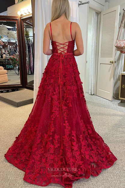 Burgundy Butterfly Lace Applique Prom Dresses with Pockets Spaghetti S – vigocouture
