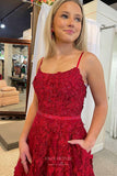 Prom Dress 2025 Burgundy Butterfly Lace Applique Prom Dresses with Pockets Spaghetti Strap 24365-unique elegant Prom Dresses-Burgundy-Custom Size-vigocouture