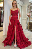 Prom Dress 2025 Burgundy Butterfly Lace Applique Prom Dresses with Pockets Spaghetti Strap 24365-unique elegant Prom Dresses-Burgundy-Custom Size-vigocouture