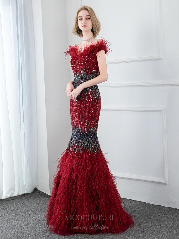 Prom Dress 2025 Burgundy Feather Lace Beaded Mermaid Prom Dress 20786-unique elegant Prom Dresses-Burgundy-US2-vigocouture