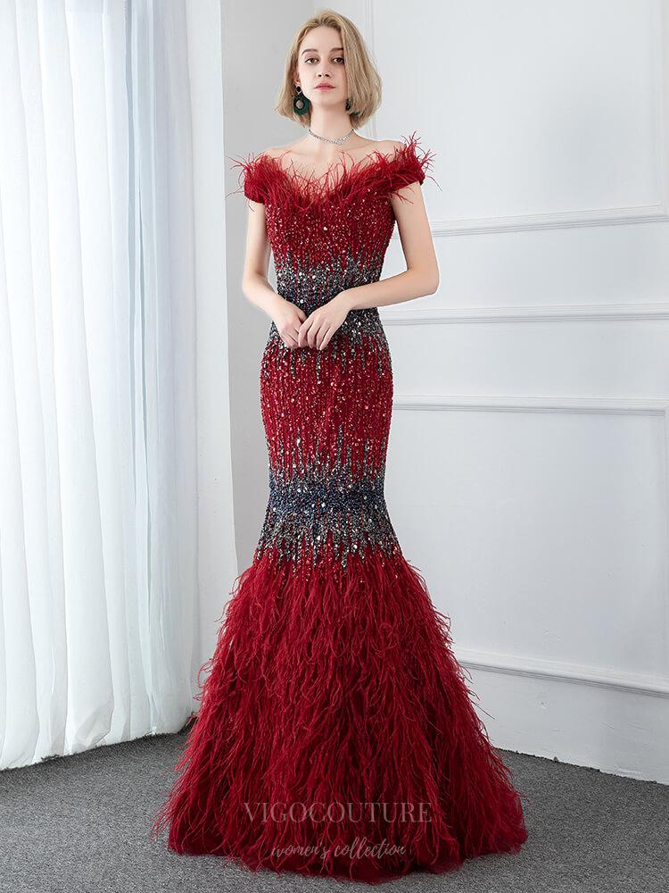 Prom Dress 2025 Burgundy Feather Lace Beaded Mermaid Prom Dress 20786-unique elegant Prom Dresses-Burgundy-US2-vigocouture