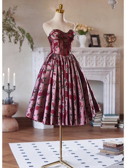 Burgundy Floral Print Satin Homecoming Dress Strapless Tea-Length Dress hc332 Burgundy Floral Print Satin Homecoming Dress Strapless Tea-Length Dress hc332