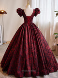 Prom Dresses 2025 to impress Burgundy Jacquard Floral Prom Dresses with Puffed Sleeve, V-Neck, Quinceanera Dresses BG017-vigocouture-vigocouture