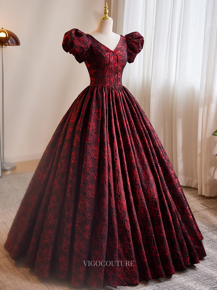 Burgundy Jacquard Floral Prom Dresses with Puffed Sleeve, V-Neck, Quin – vigocouture
