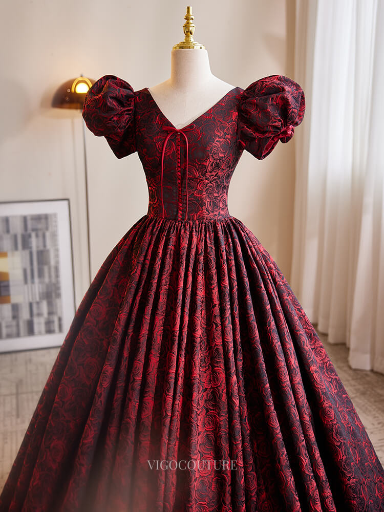 Burgundy Jacquard Floral Prom Dresses with Puffed Sleeve, V-Neck, Quin – vigocouture