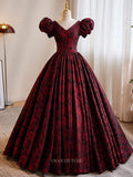 Prom Dresses 2025 to impress Burgundy Jacquard Floral Prom Dresses with Puffed Sleeve, V-Neck, Quinceanera Dresses BG017-vigocouture-Burgundy-Custom Size-vigocouture