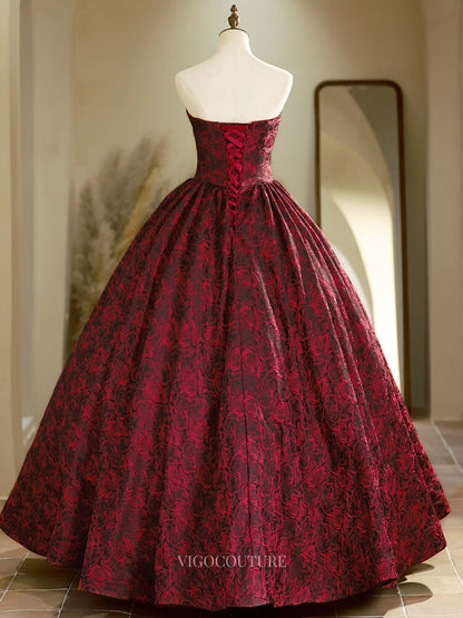 Burgundy Jacquard Floral Prom Dresses with Sweetheart Neck