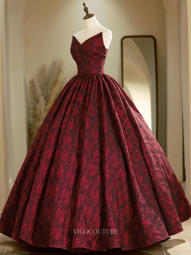 Burgundy Jacquard Floral Prom Dresses with Sweetheart Neck, Strapless Quinceanera Dresses BG019 Burgundy / US6 Burgundy Jacquard Floral Prom Dresses with Sweetheart Neck, Strapless Quinceanera Dresses BG019 Burgundy / US6
