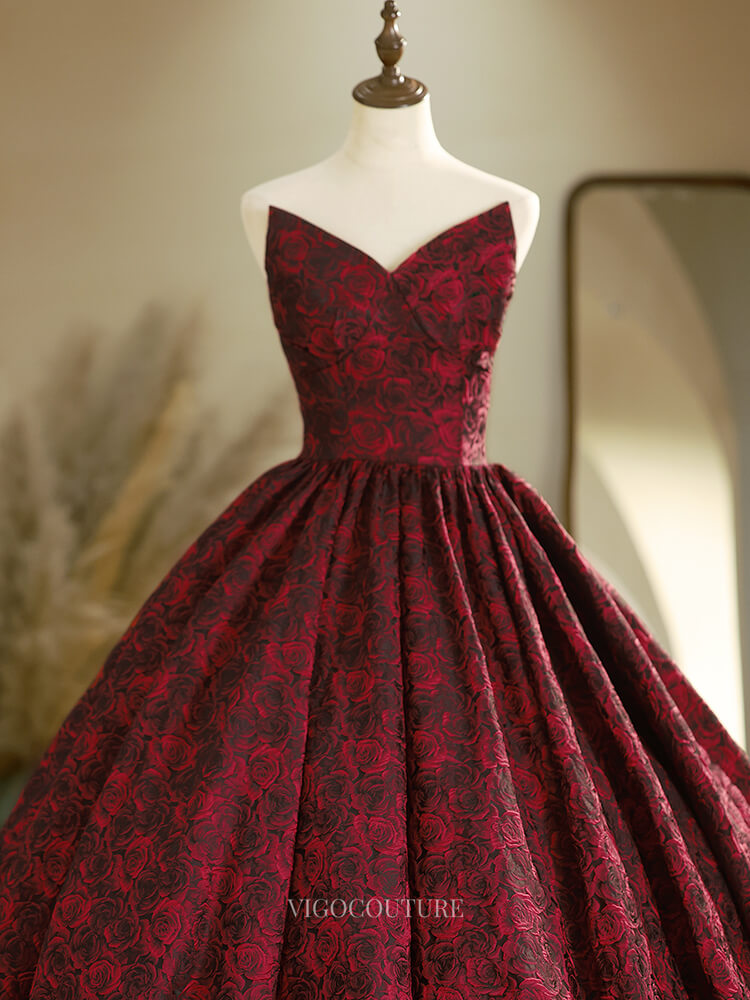 Prom Dresses 2025 to impress Burgundy Jacquard Floral Prom Dresses with Sweetheart Neck, Strapless Quinceanera Dresses BG019-vigocouture-vigocouture