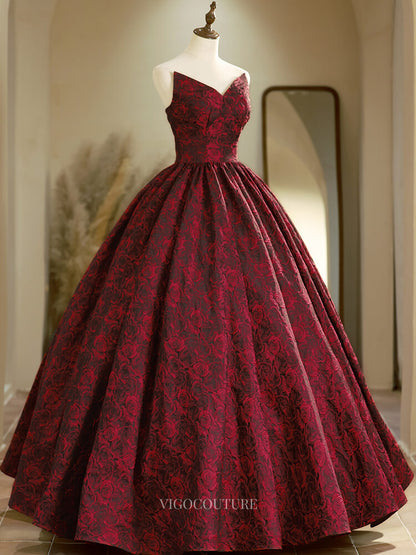 Burgundy Jacquard Floral Prom Dresses with Sweetheart Neck, Strapless Quinceanera Dresses BG019 Burgundy / US6 Burgundy Jacquard Floral Prom Dresses with Sweetheart Neck, Strapless Quinceanera Dresses BG019 Burgundy / US6