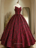 Prom Dresses 2025 to impress Burgundy Jacquard Floral Prom Dresses with Sweetheart Neck, Strapless Quinceanera Dresses BG019-vigocouture-Burgundy-Custom Size-vigocouture