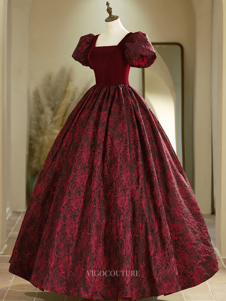 Burgundy Jacquard Prom Dresses with Puffed Sleeve, Velvet Bodice, Quinceanera Dresses BG020