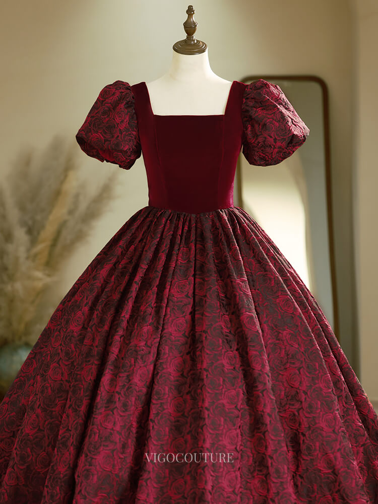 Prom Dresses 2025 to impress Burgundy Jacquard Prom Dresses with Puffed Sleeve, Velvet Bodice, Quinceanera Dresses BG020-vigocouture-vigocouture