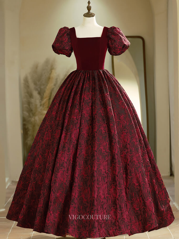 Prom Dresses 2025 to impress Burgundy Jacquard Prom Dresses with Puffed Sleeve, Velvet Bodice, Quinceanera Dresses BG020-vigocouture-Burgundy-Custom Size-vigocouture