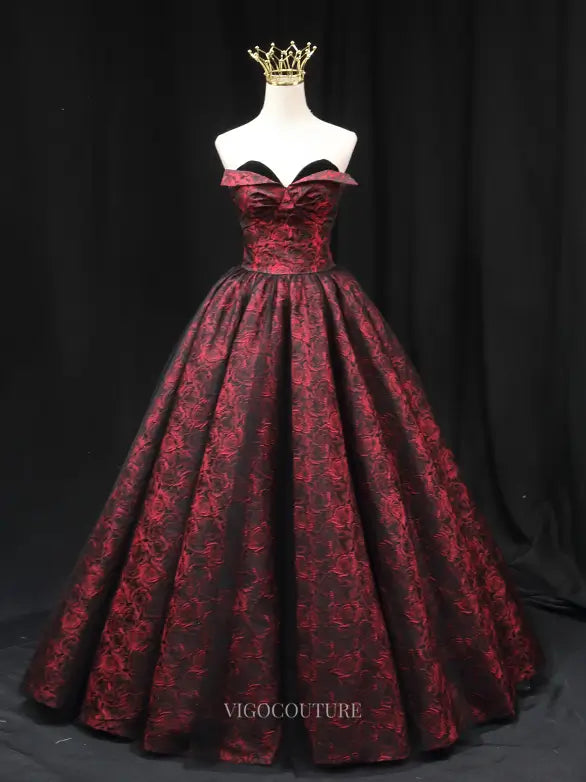 Prom Dresses 2025 to impress Burgundy Jacquard Prom Dresses with Sweetheart Neck, Strapless Formal Dresses SU077-vigocouture-Burgundy-Custom Size-vigocouture