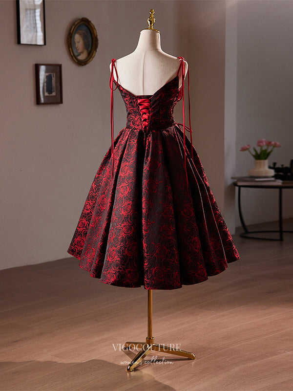 Burgundy Jacquard Satin Homecoming Dress Floral Print Back to School D – vigocouture