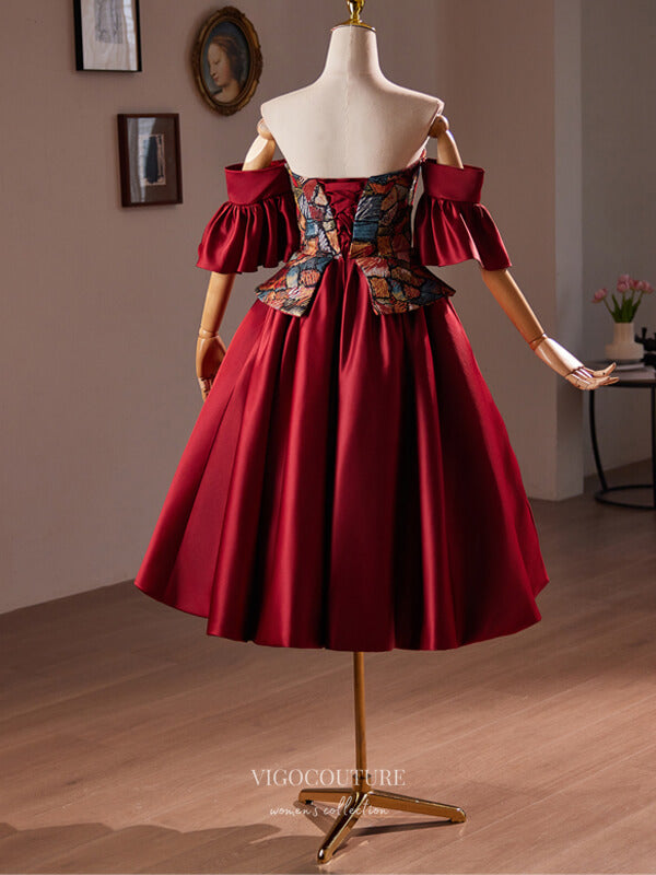 Burgundy Jacquard Satin Homecoming Dress Puffed Sleeve Back to School Dress hc346 Burgundy / US10 Burgundy Jacquard Satin Homecoming Dress Puffed Sleeve Back to School Dress hc346 Burgundy / US10