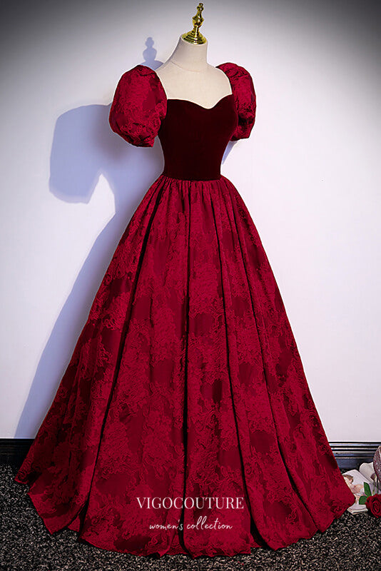 Prom Dress 2025 Burgundy Jacquard Satin Prom Dresses Puffed Sleeve Formal Dresses 21652-unique elegant Prom Dresses-Burgundy-US2-vigocouture