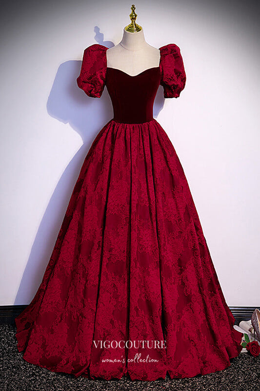 Prom Dress 2025 Burgundy Jacquard Satin Prom Dresses Puffed Sleeve Formal Dresses 21652-unique elegant Prom Dresses-Burgundy-US2-vigocouture