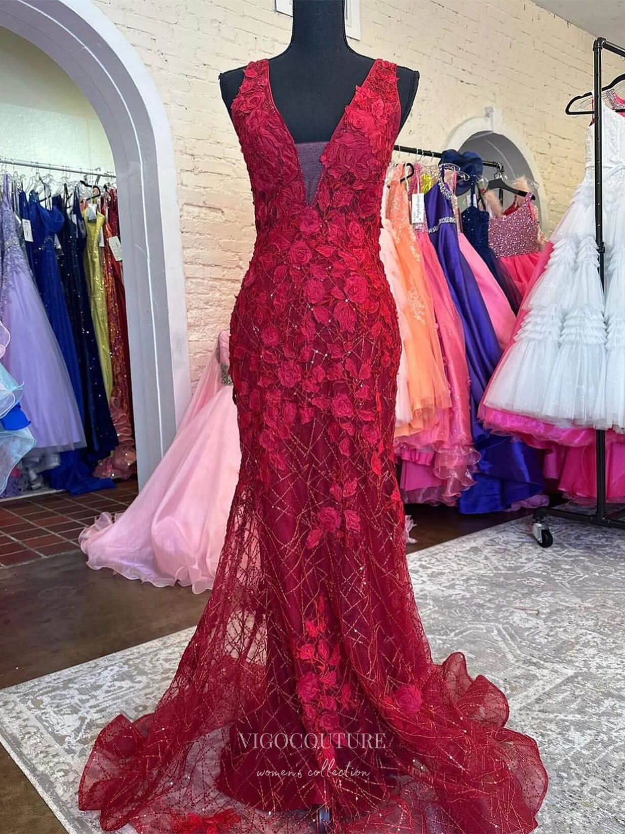 Prom Dress 2025 Burgundy Lace Applique Mermaid Prom Dresses 2024 V-Neck 24229-unique elegant Prom Dresses-Burgundy-Custom Size-vigocouture