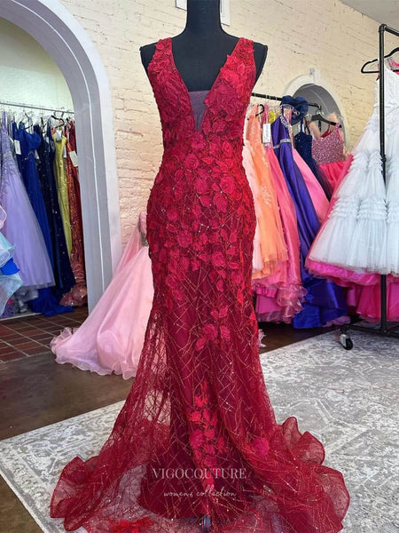 Burgundy Lace Applique Mermaid Prom Dresses 2024 V-Neck 24229 Custom Colors / Custom Size