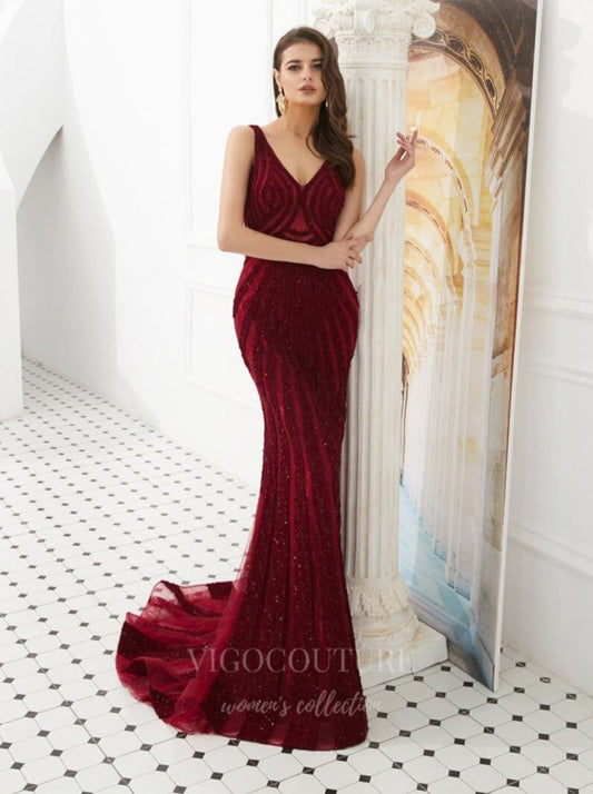 Prom Dress 2025 Burgundy Mermaid Beaded Prom Dress 20280-unique elegant Prom Dresses-Burgundy-US2-vigocouture