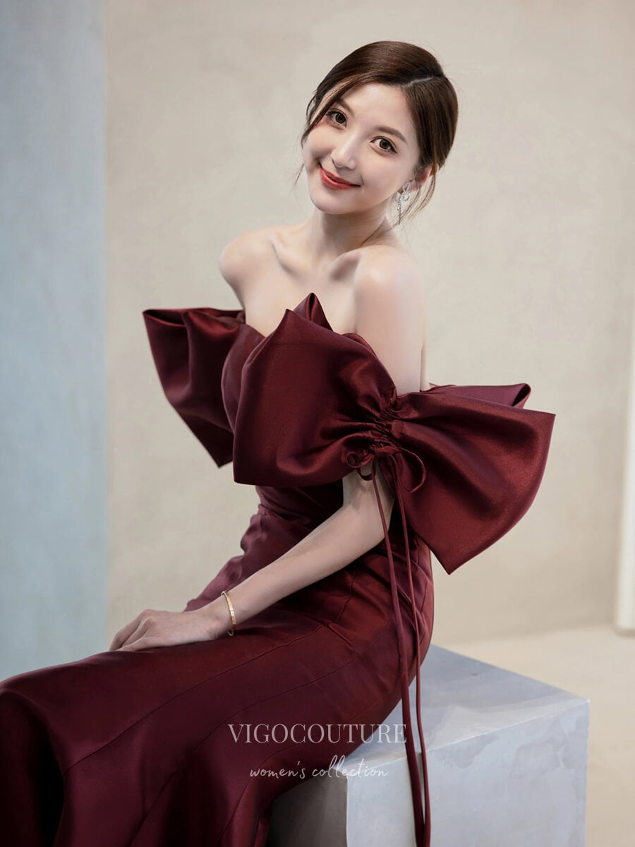 Prom Dress 2025 Burgundy Mermaid Off the Shoulder Prom Dresses With Bow 21015-unique elegant Prom Dresses-Burgundy-Custom Size-vigocouture