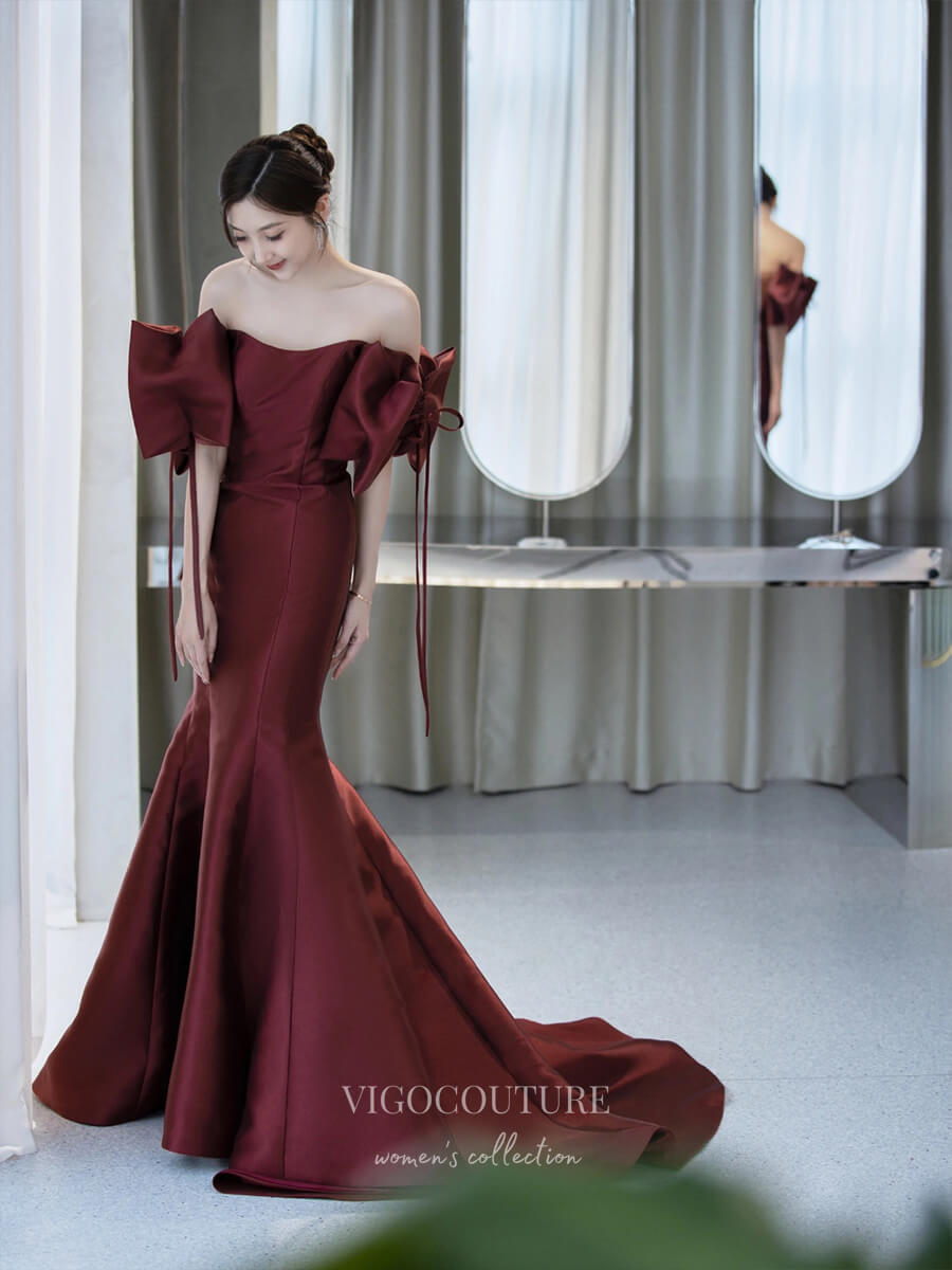 Prom Dress 2025 Burgundy Mermaid Off the Shoulder Prom Dresses With Bow 21015-unique elegant Prom Dresses-Burgundy-Custom Size-vigocouture