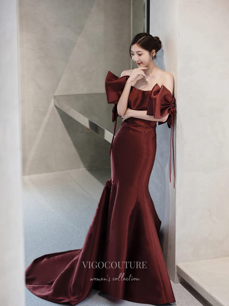 Prom Dress 2025 Burgundy Mermaid Off the Shoulder Prom Dresses With Bow 21015-unique elegant Prom Dresses-Burgundy-Custom Size-vigocouture