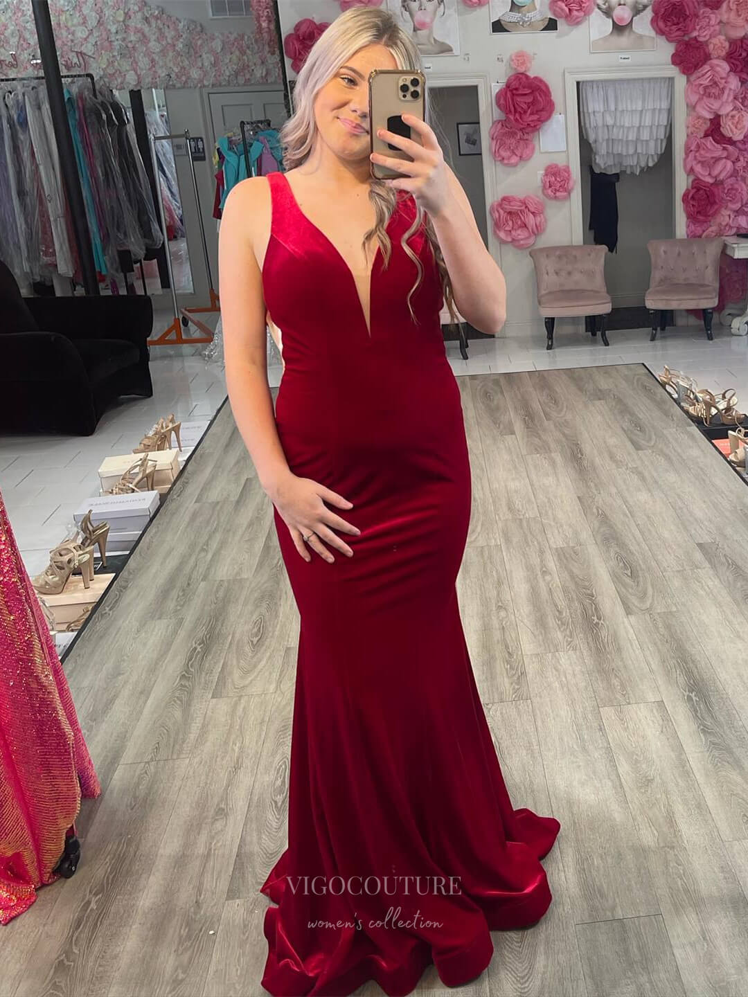 Prom Dress 2025 Burgundy Mermaid Velvet Cheap Prom Dresses 2024 Plunging V-Neck 24256-unique elegant Prom Dresses-Burgundy-Custom Size-vigocouture