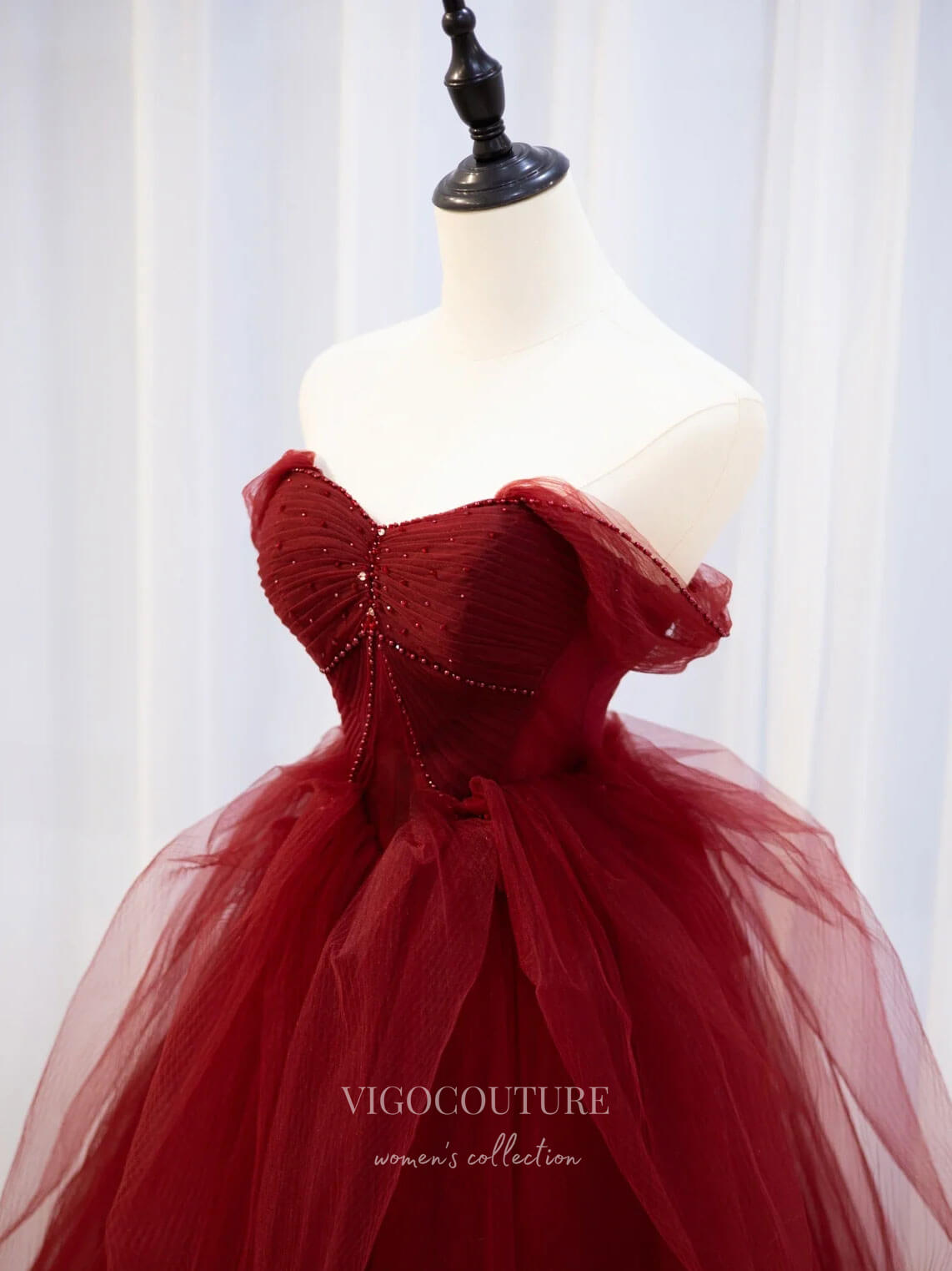 Prom Dress 2025 Burgundy Off the Shoulder Prom Dresses Tulle A-Line Evening Dress 21780-unique elegant Prom Dresses-Burgundy-US2-vigocouture